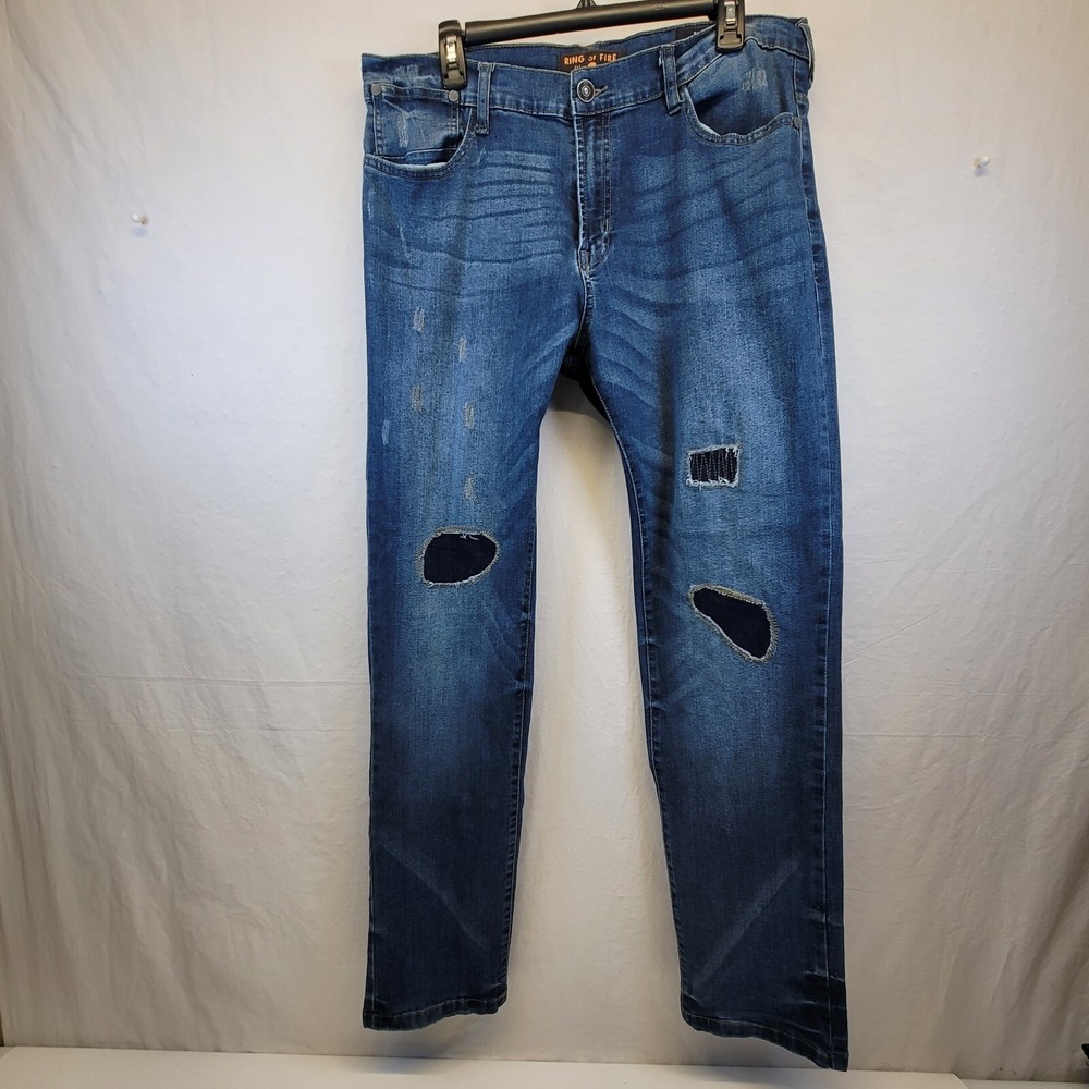 Ring Of Fire Elan Slim Fit Medium Wash Jeans Stitched Patched Design 36X34
